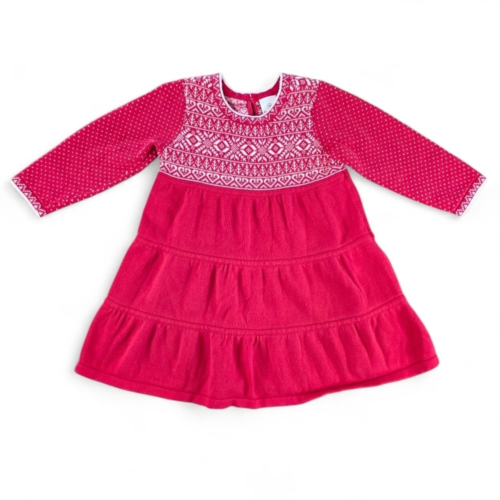Hanna Andersson Girls Sweater Dress Red Fair Isle 100% Cotton Size 90 (3T)